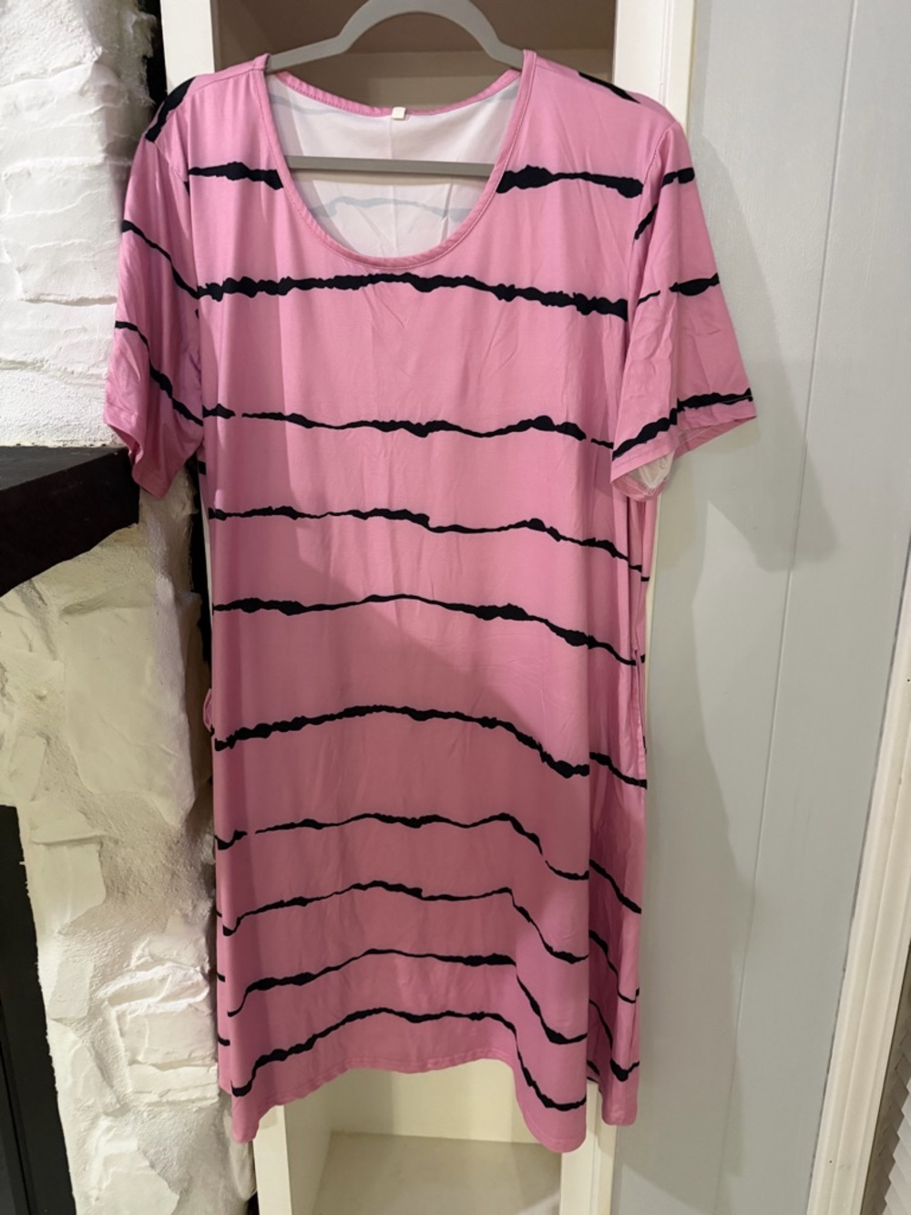 XXL Pink Short Sleeve Tee Dress with Black Stripes and POCKETS